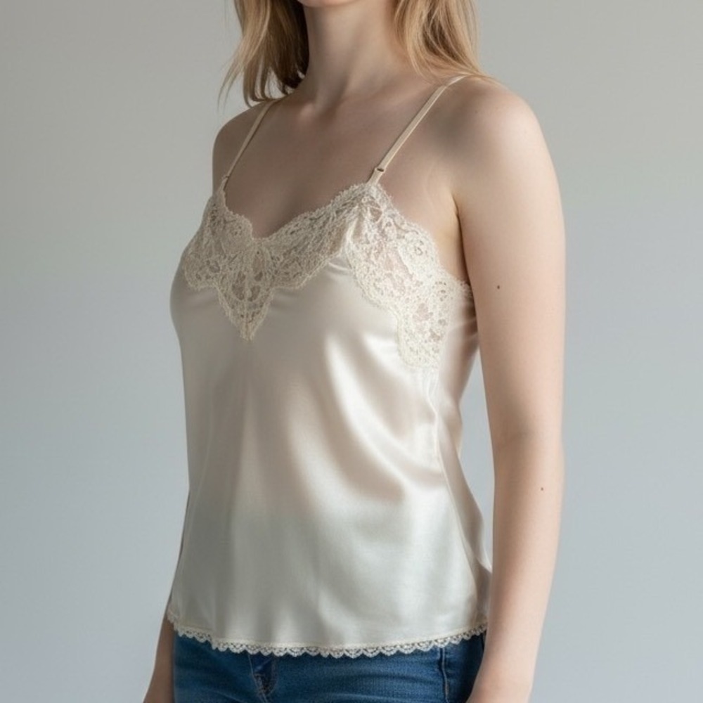 VINTAGE SLIP TANK LINGERIE SILKY WHITE by BODY LITES for JC PENNEY 36 Lace Sheer